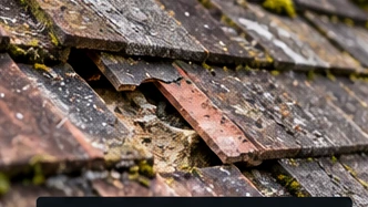 Slipped, weathered roof tiles with exposed roof covering
