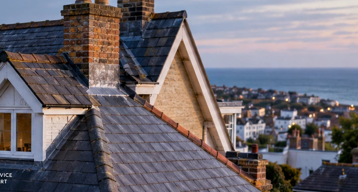 Slate roof and chimney on a period house overlooking a coastal town